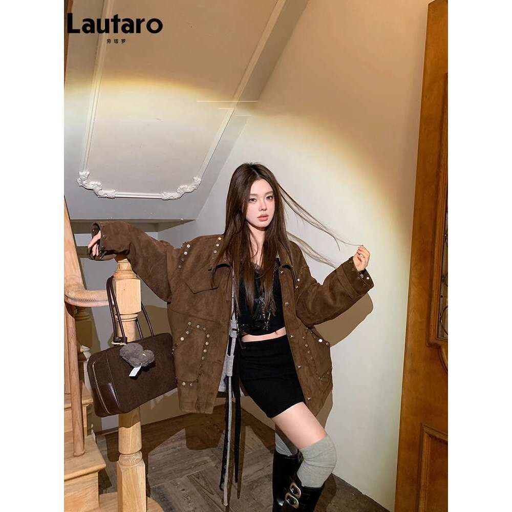 hoodie Baseball Jacket Lautaro Spring Autumn Cool Brown Oversized Soft Faux Suede Leather Jacket Women Rivet Long Sleeve Maillard Style Retro Clothing