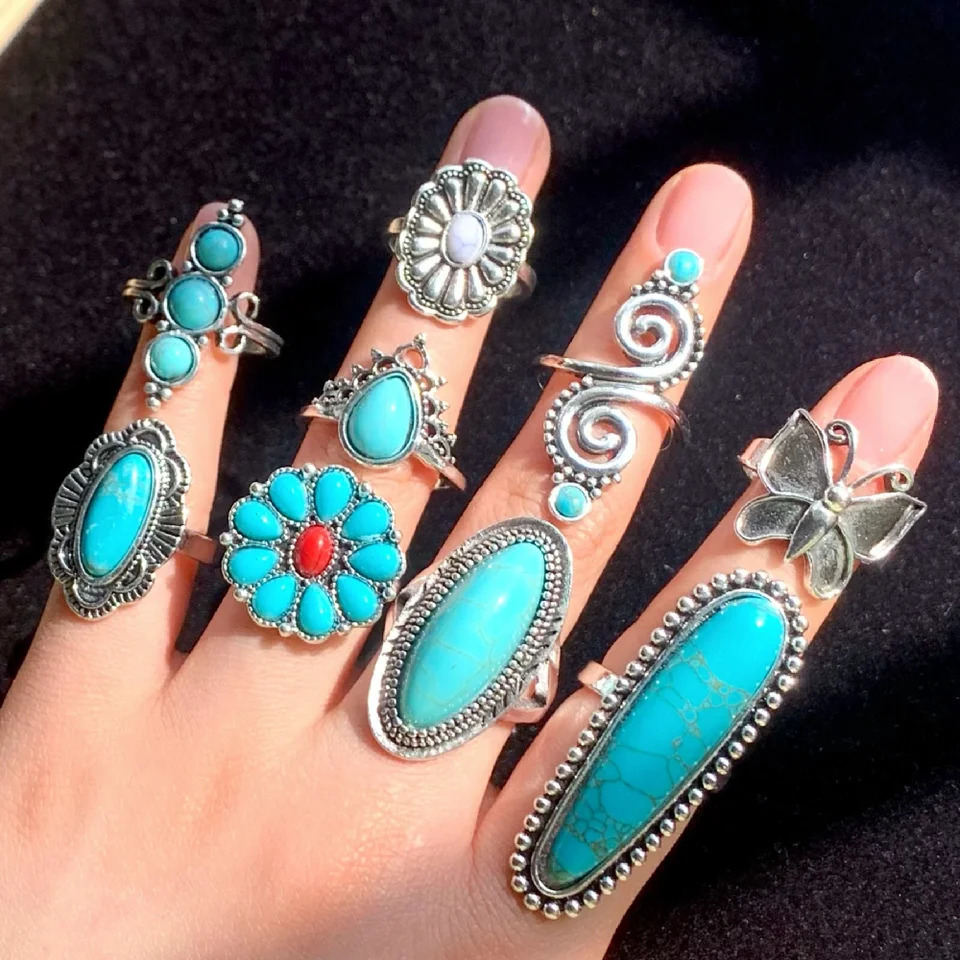 20Pcs Bohemia Turquoise Stone Rings For Women Men Mix Style Vintage Fashion Jewelry Party Gifts Wholesale 251031