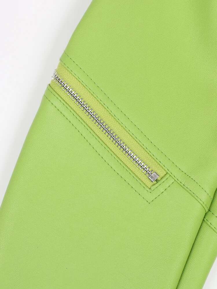 Nerazzurri Spring Autumn Colored Green Black Short Leather Biker Jacket Women Zipper Cool Designer Clothes Fashion 2022