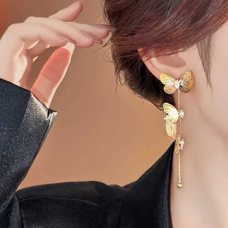 2025 New Arrival Korean Elegant Gold Color Butterfly Long Tassel Stud Earrings For Women Fashion Exquisite Metal Jewelry Gifts Y250401