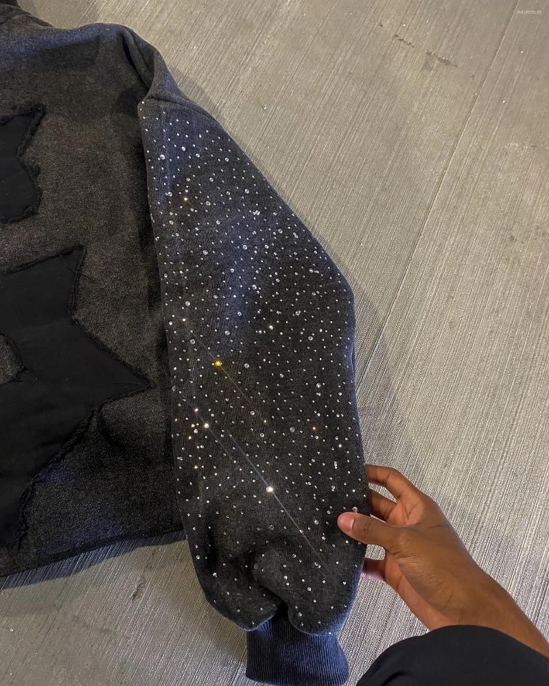 Mens Hoodies FAST MONEY INVERSE Letter Patchwork Gothic Zipper Hoodie Black Loose Rhinestone Embroidery Crop Top Retro Street R250714