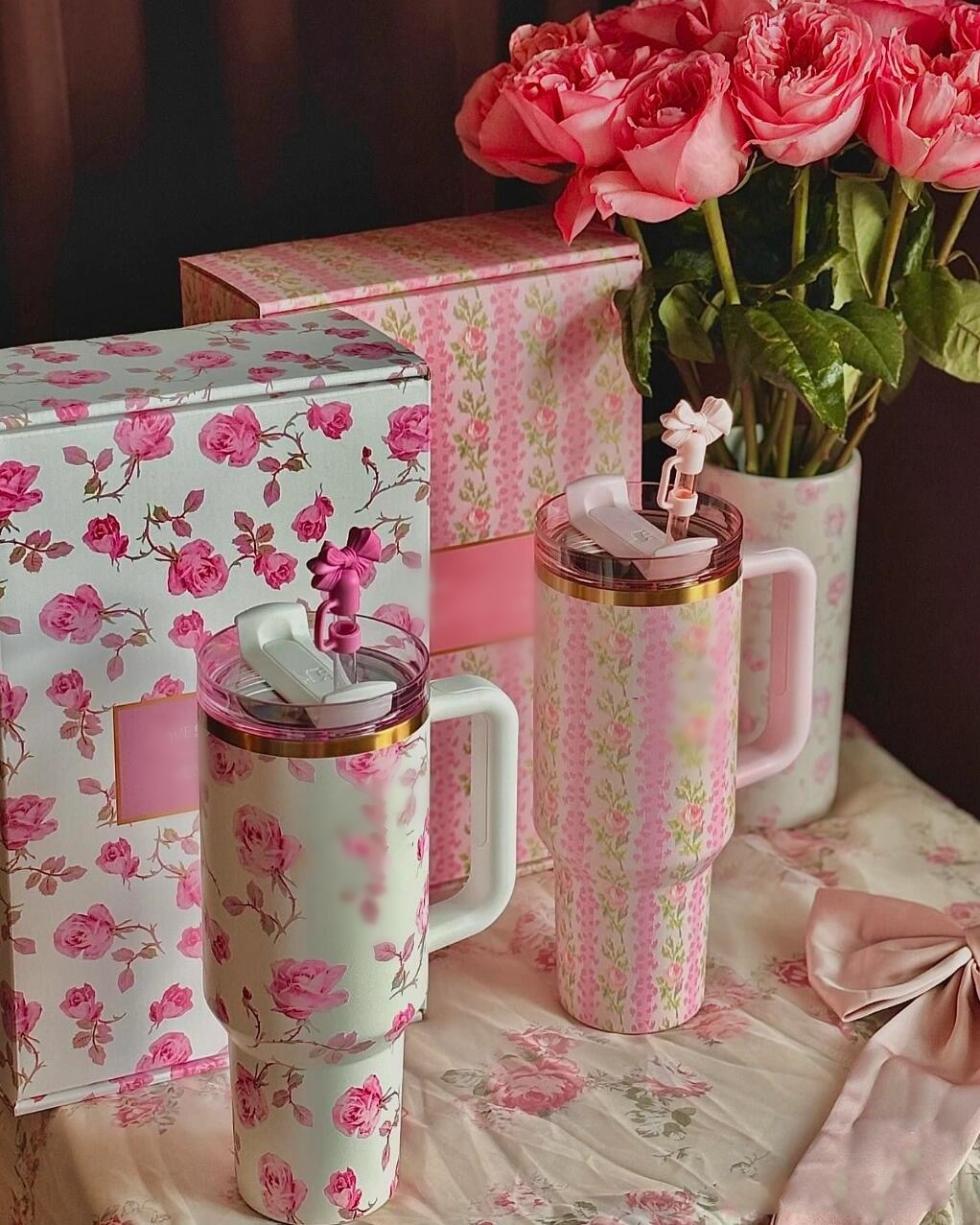 US STOCK 40oz TUMBLER Blue Magnolia Wickde- Evil Pink Stainless Steel Tumbler with Silicone Handle Lid and Straw Cups Mug Target water bottles