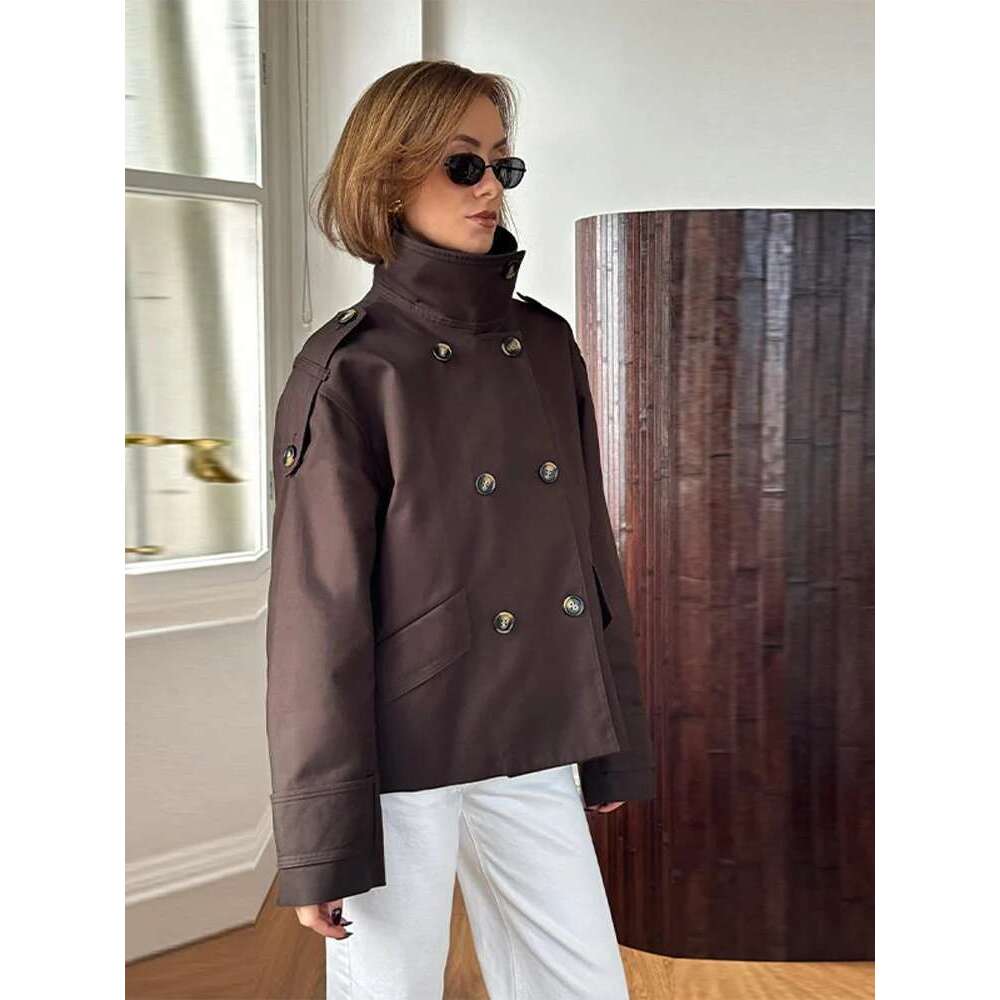 Women's Wear Fashion Printed Scarf Windbreaker Stand Collar Long Sleeve Double-Breasted Short Jackets 2025 Spring New Casual Chic Trench Coat