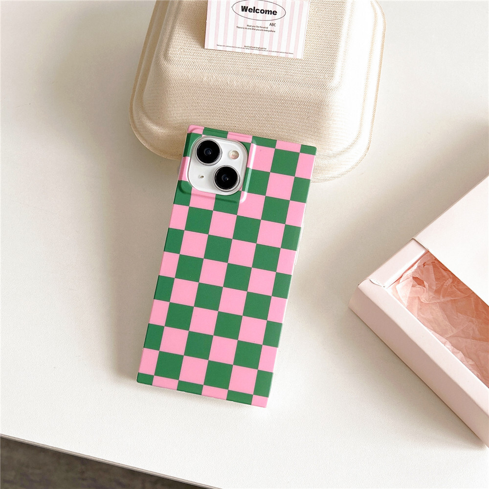 INS Pink Green Checkerboard Square Phone Case Compatible with iPhone 17/16/15 Pro Max Niche Full Coverage iPhone 14/13 Pro