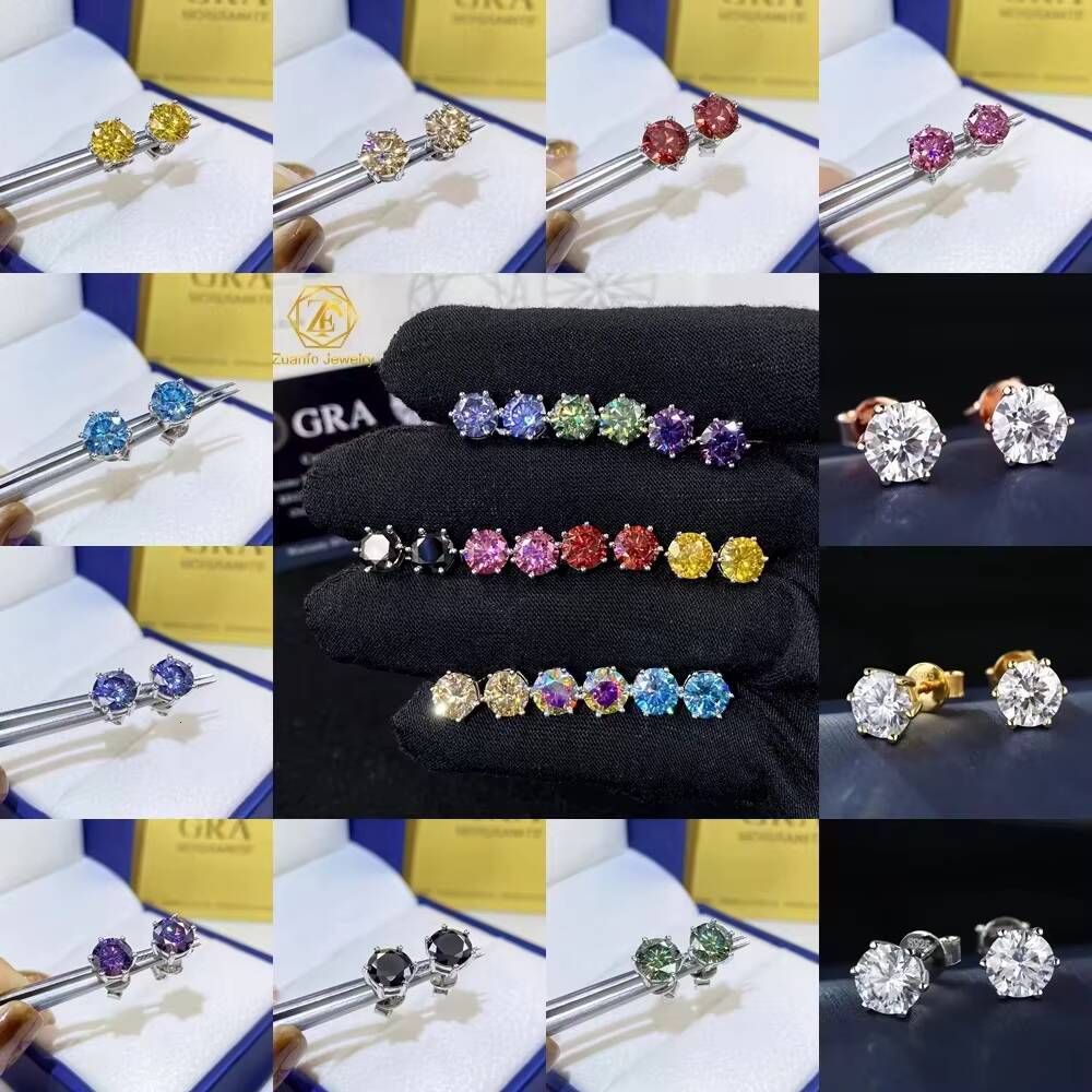 Trendy Stud Earrings Moissanite 8mm 4 Claws Colored Moissanites 925 Silver Geometric Pattern Stylish Jewelry Boys Girls Parties