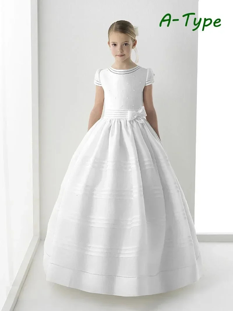 First Communion Gowns White Satin Flower Girl Dress Short sleeves With Bow Little Princess Kids Birthday Evening Pageant Dresses 251028