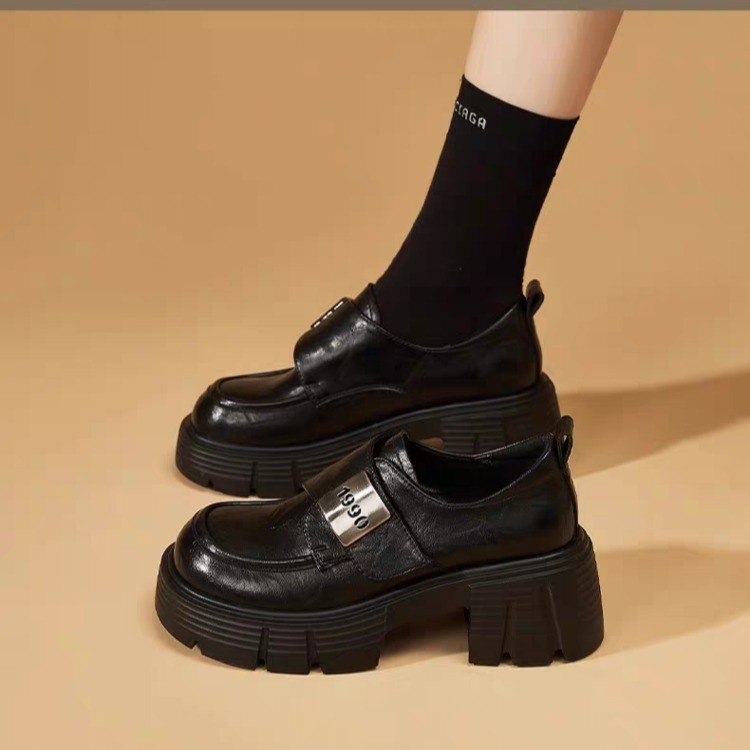 Genuine leather thick-soled loafers women's spring and autumn new soft-soled deep-edged single shoes British style one-foot pedal small leather s