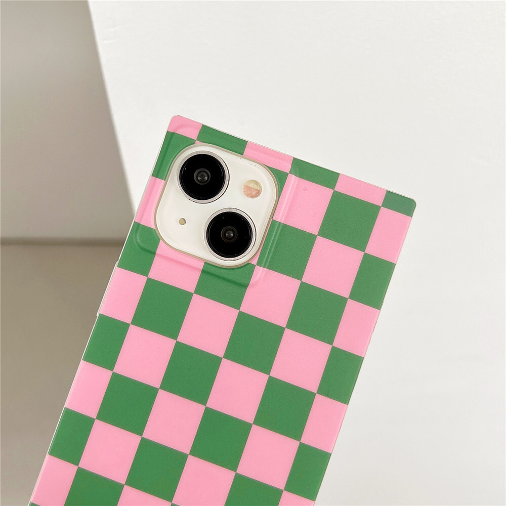 INS Pink Green Checkerboard Square Phone Case Compatible with iPhone 17/16/15 Pro Max Niche Full Coverage iPhone 14/13 Pro