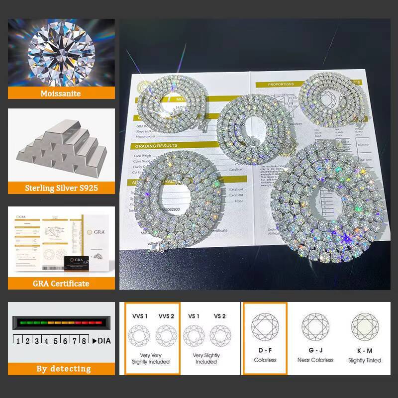 Market Wholesale 2mm 3mm 4mm 5mm 65mm Iced Out VVS Moissanite Fine Jewelry 100 925 Silver Tennis Chain Necklace With GRA