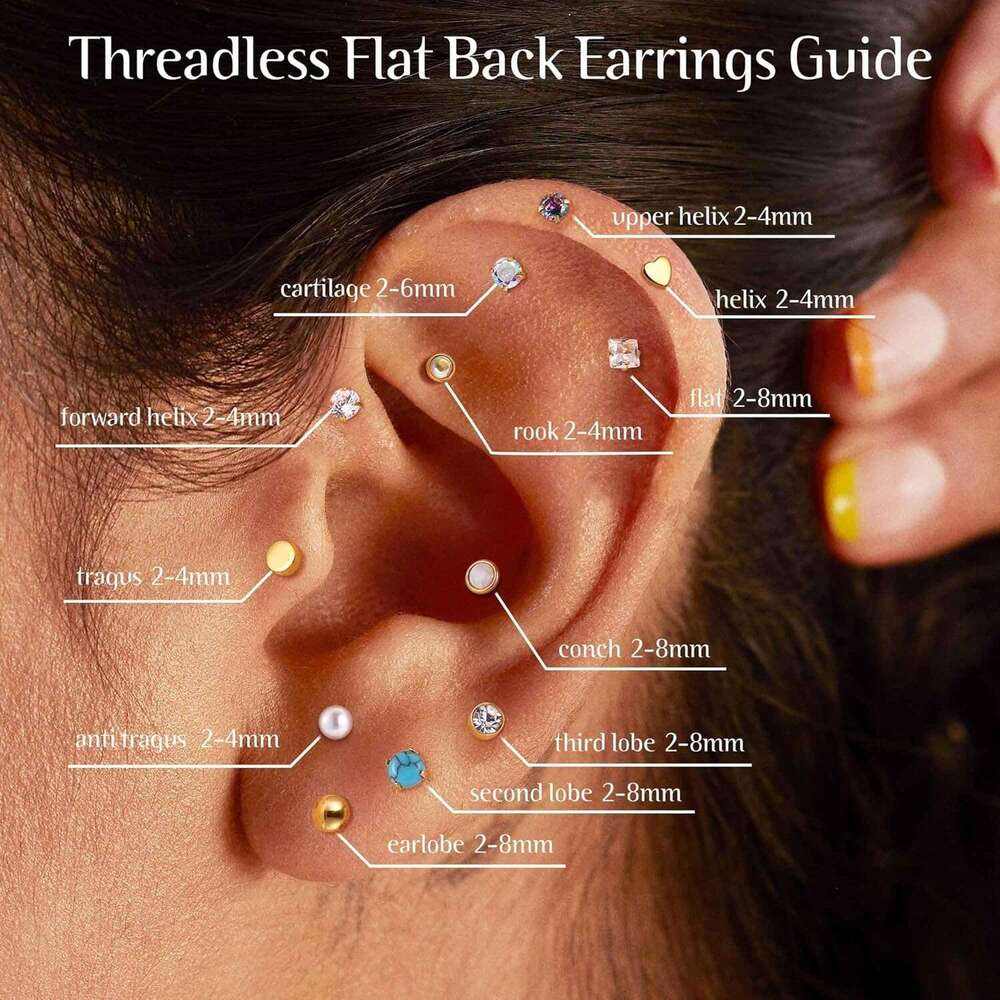 20G Push-in Threadless Flat Back Women Mens Surgical Steel Stud Earrings for Sensitive Ears, 14K Gold Plated Pearl Opal Ball Heart CZ Cartilage Earrin