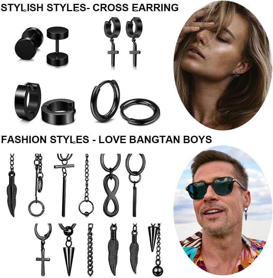 Cross Dangle Men 20 Pieces, Stainless Steel Stud Hinged Hoop Earrings, Long Chain Kpop Earrings for Women, Black and Sier