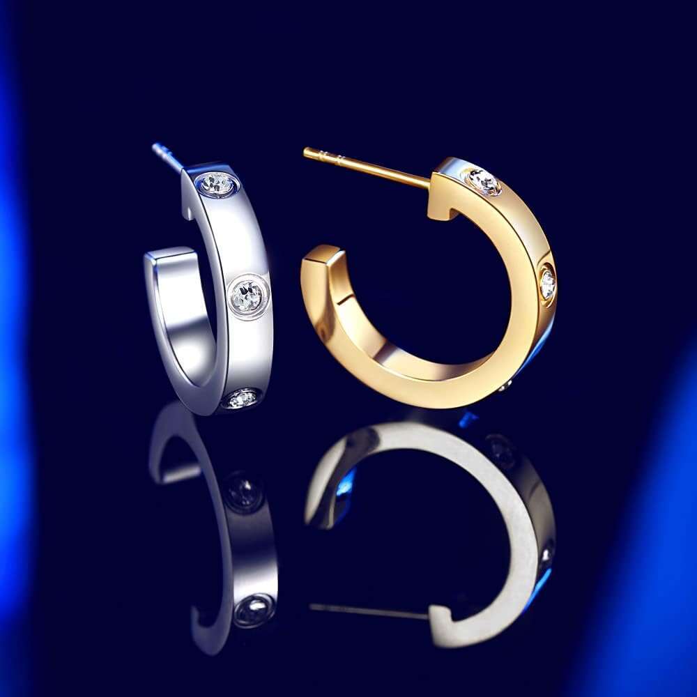 Love Hoop Stainless Steel with Cubic Zirconia Stones Earrings Birthday Jewelry Christmas Gifts for Women Her, Sier/Gold