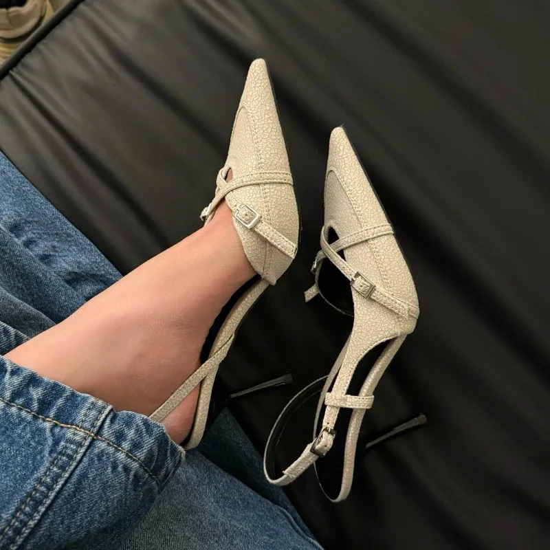 Spring womens highheeled shoes with angled shallow metal buckle Aline anti slip and wearresistant high boots 250402BJ