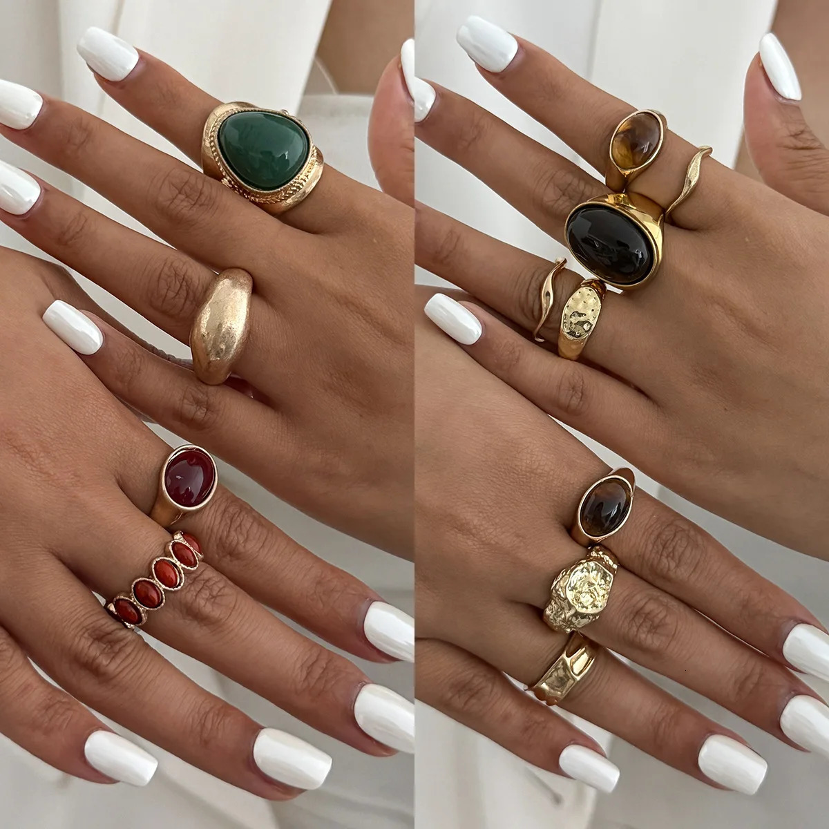 8PcsSet Vintage Brown Stone Open Rings for Women Geometric Irregular Texture Index Finger Rings Set Simple Jewelry Accessories 251031