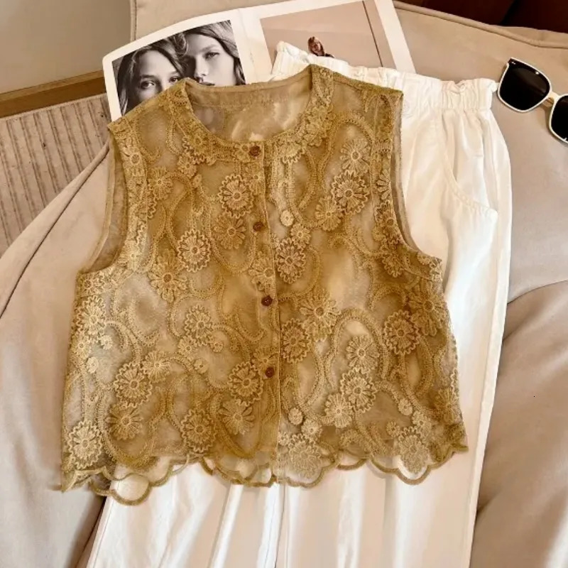 Chinese Style Embroidered Lace Hollow Out Sleeveless Shirt Womens Summer Temperament Versatile Chic Top 250318