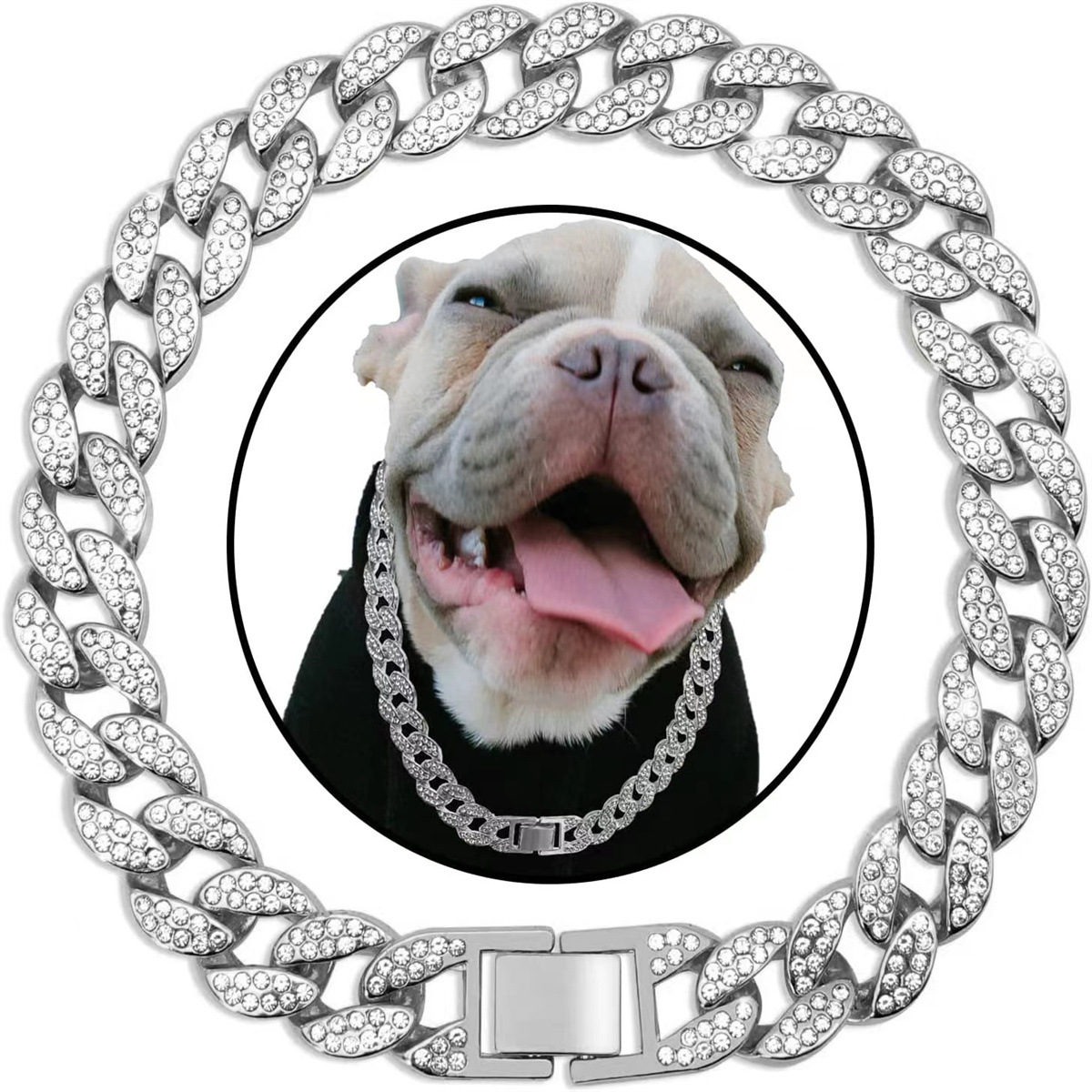 New Pet Dog Collar Necklace studded with Diamond Cuban Chain Lock Gold Silver Dog Chain