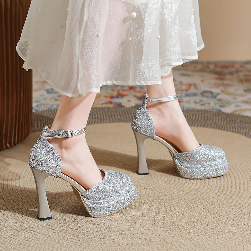 Waterproof Platform High Heels Thick Heel Crystal Shoes with Dress Host Small Champagne Wedding Shoes Bride Shoes Women 12cm 251030