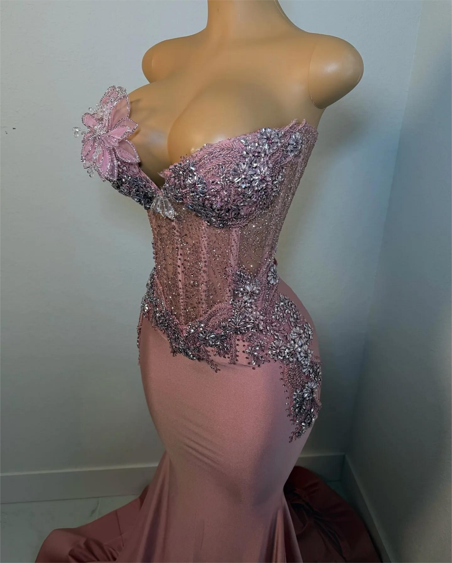 Blush Pink Mermaid Prom Dresses Plus Size Crystals Florals Satin Evening Formal Party Second Birthday Engagement Gowns Dress For Special Occasions