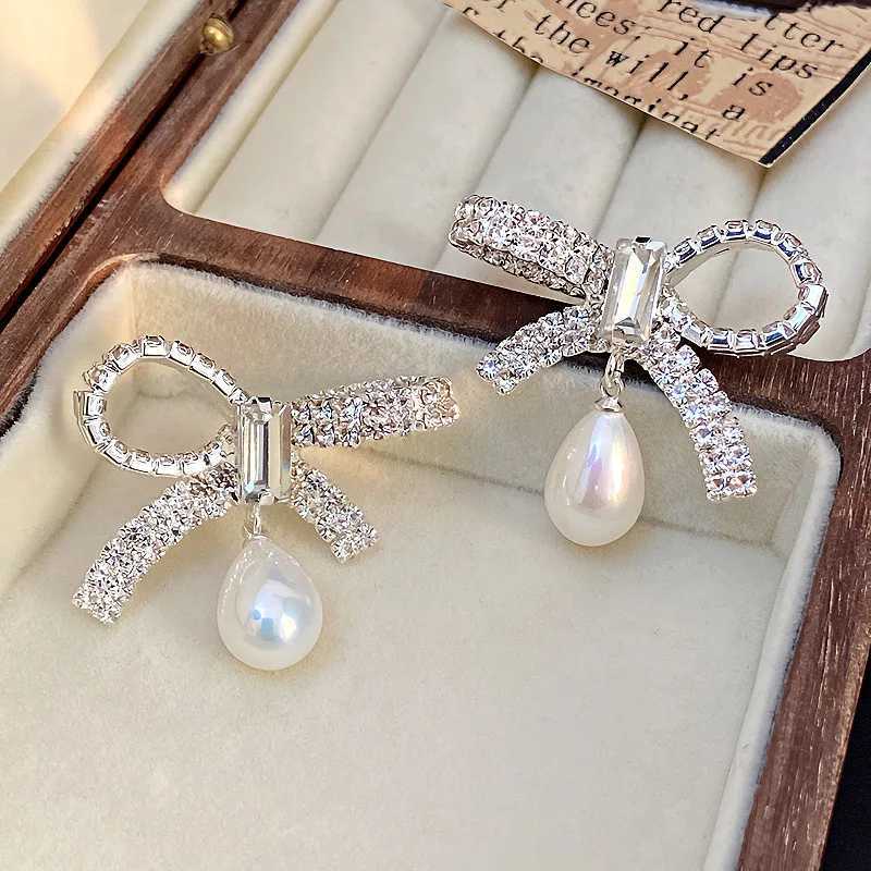 Korean Style Light Luxury Unique Imitation Pearl Bow Dangle Earrings For Women Fashion Elegant Crystal Jewelry Party Gifts Y250401