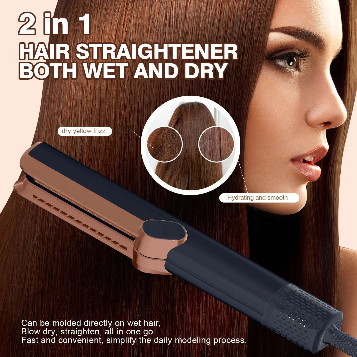 Professional 2In1 Hair Dryer Heat-Up Flat Iron Straightener Dry And Wet Dual-Purpose Straight Air W Blower