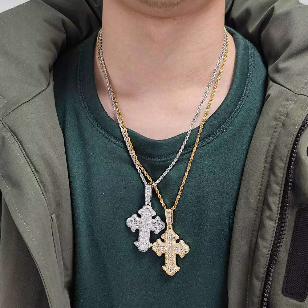 New Hip Hop Fashion Jewelry Men Gold Plated moissanite Cubic moissaniteia Religion Charms Iced Out Bling Baguette Cross Pendant Necklace