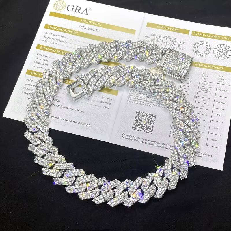 Pass Diamond Tester GRA Moissanite Diamond 6mm20mm Wide 2Rows 925 Solid Silver Cuban Link Chain for Rapper Hip Hop Necklace