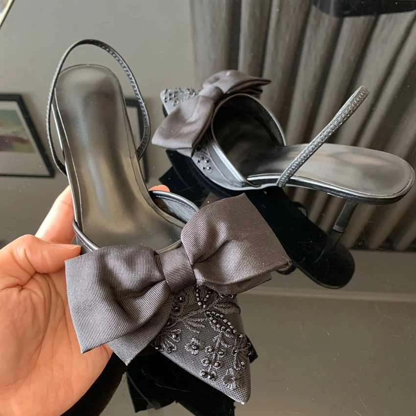 Black bow highheeled sandals for women in the summer of featuring a bounce back pump and retro satin angular heels elegant party shoes 250402BJ - view 6