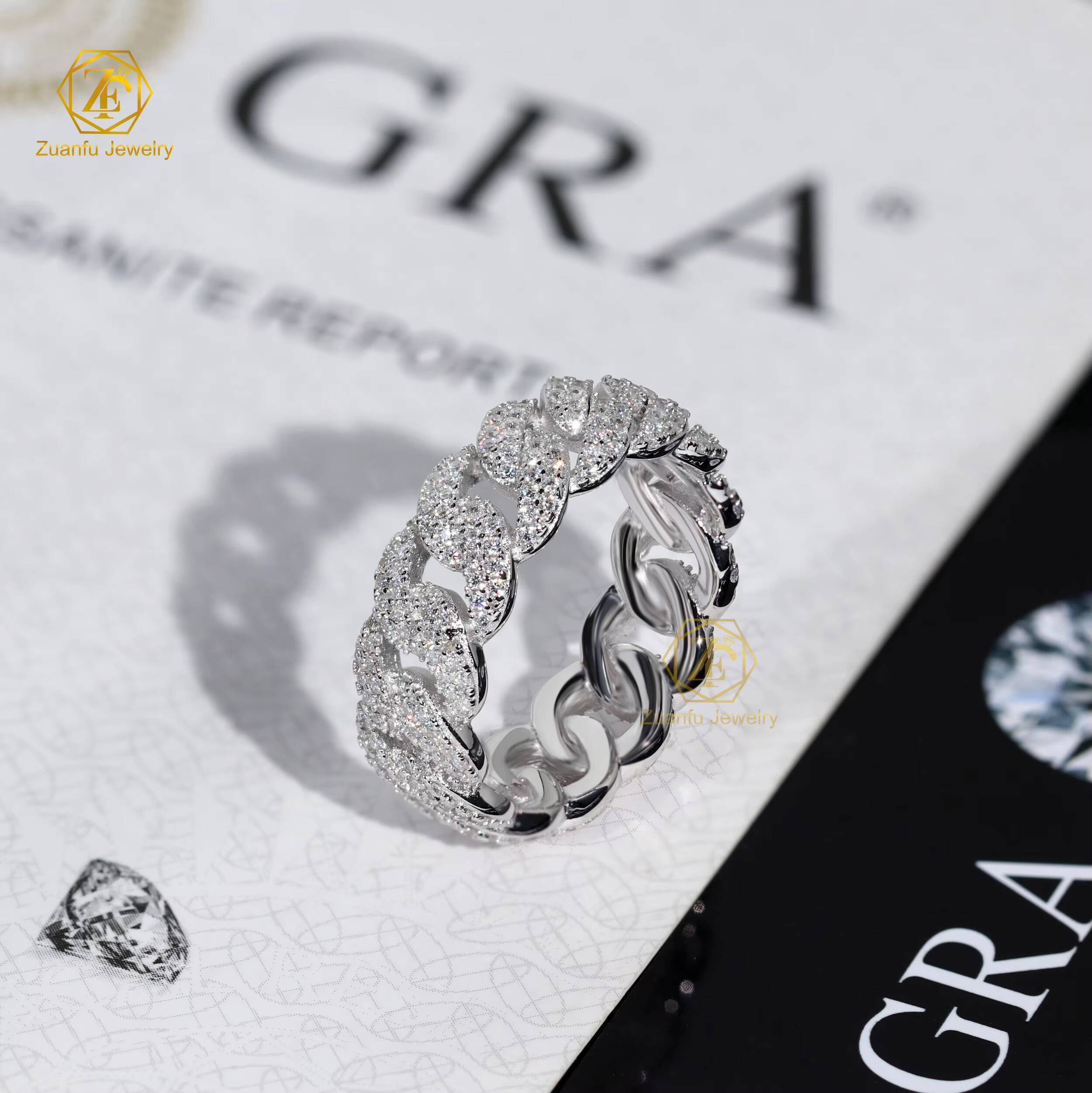 RTS Fashionable Wholesale Hip Hop Rhinestone Chain Ring Jewelry Moissanite Diamond 7mm Cuban Link Chain Band Ring for Men