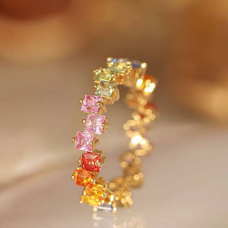 Luster Summer Fine Jewelry Sweet Colorful 3x3mm Princess Cut Rainbow Lab Sapphire 10K 14K 18K Gold Ring for Girls