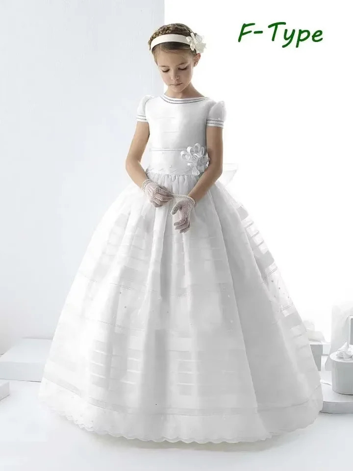 First Communion Gowns White Satin Flower Girl Dress Short sleeves With Bow Little Princess Kids Birthday Evening Pageant Dresses 251028