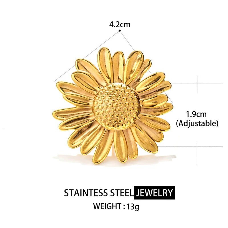 Exaggerated Stainless Steel Sunflower Blossom Ring for Women Fashion Gold Color HeartShaped Irregular Finger Rings Jewelry 251031