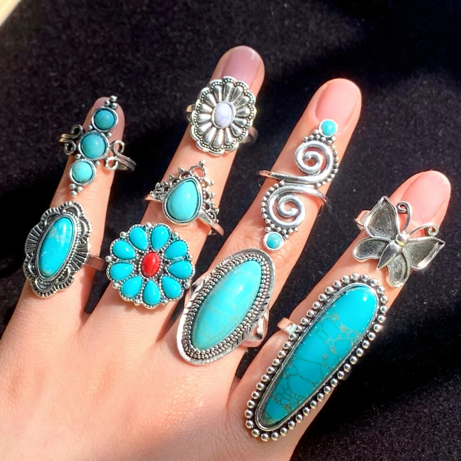 12pcs Antique Silver Plated Turquoise Bohemia Vintage Rings Mix Style Women Ethnic Alloy Metal Party Gift Finger Jewelry Lot 251031