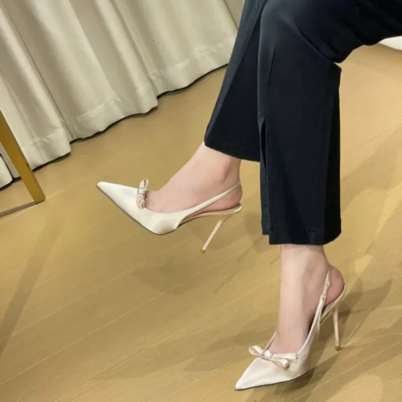 SpringSummer Satin Womens High Heels Bow Style Thin French Order Shoes and Baotou Sandals 250402BJ - view 5