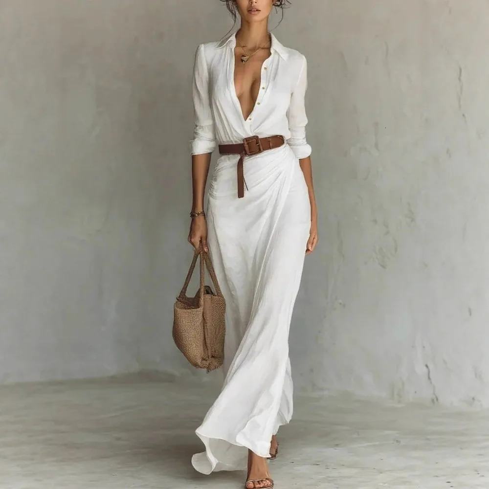 2025 Buttons Draped Chic Party Dress Spring Autumn Women Turn Down Collar Simple Maxi Long Sleeve Elegant Ladies 251030