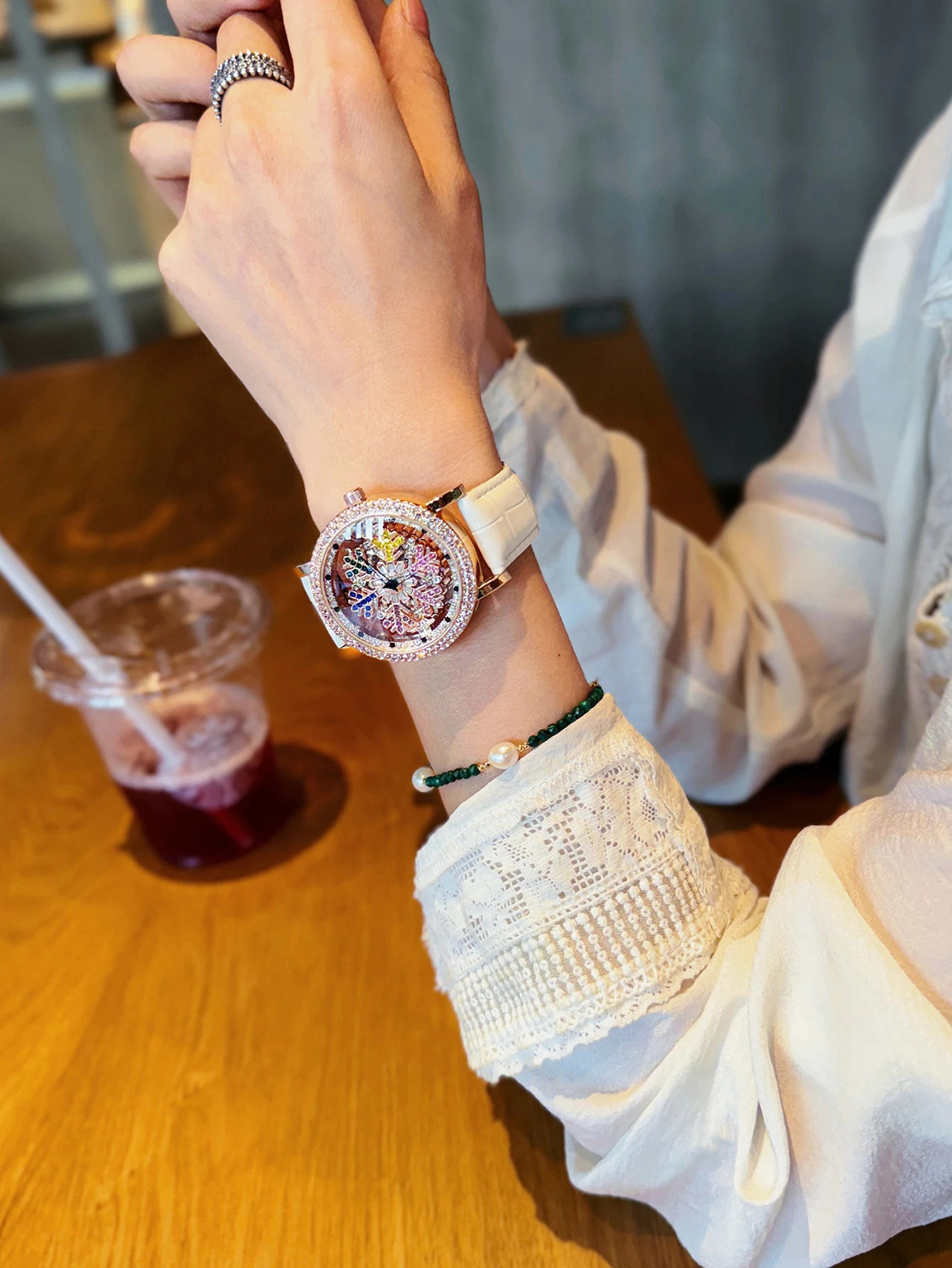 1 Upgraded Version of the Bright EyeCatching Fashionable Womens Watch Inlaid with Colorful Rhinestone Quartz Watch Equipped with Charming Rotating Col
