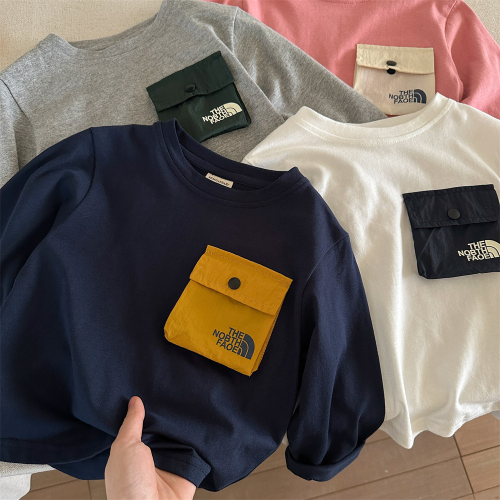 kids designer clothes 2025 New Kids Long Sleeve T-Shirt, 100% Cotton Solid Color Top with Pocket, Spring Autumn Casual Base Layer for Boys and Girls