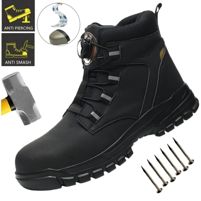 Leather Non Slip Work Boots for Men Rotating Button Safety Shoes Steel Toe Sneaker Male Puncture Proof Protective Boots 251030