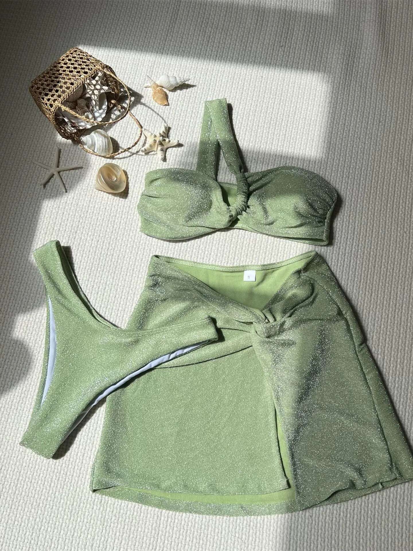Dongdumaoyi Pieces Bikini Set With Skirt High Waist Swimsuit Women Sexy One Shoulder Front Bow Green Bikinis Beach Bathing Suit Swimwear