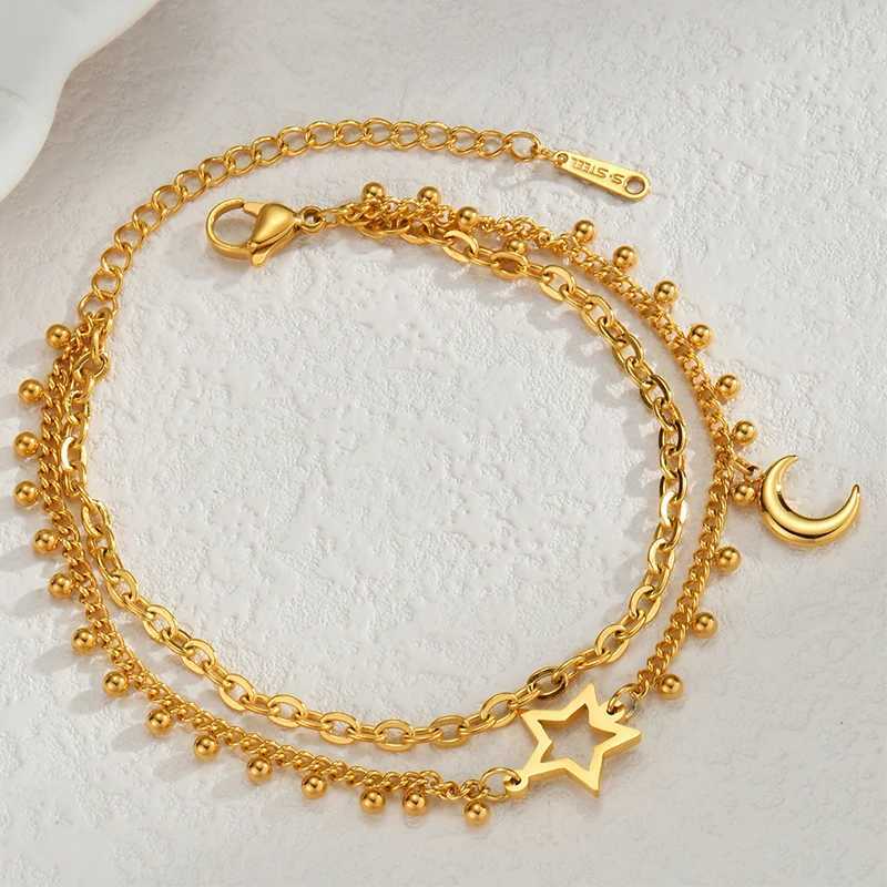Popular stainless steel star moon sparkling zircon bracelet geometric double-layer bracelet party gift fashionable womens jewelryXJ250402