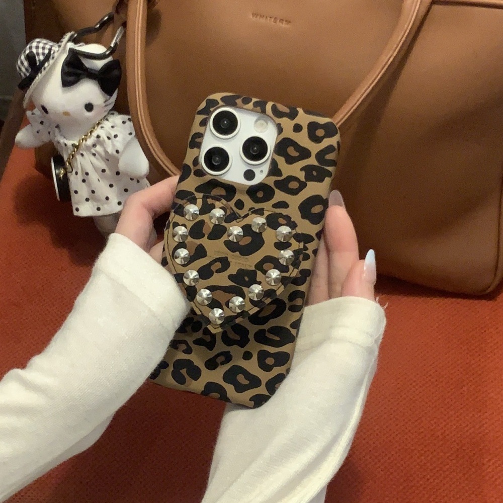 Leopard Print Rivet Heart Stand Phone Case Compatible with iPhone 17/16/15 Simple Shockproof iPhone 14 Cartoon 13