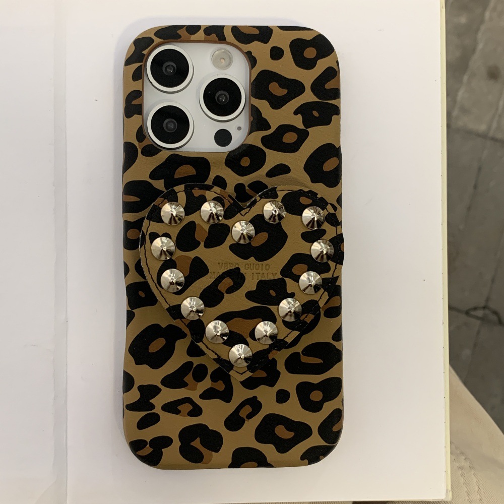 Leopard Print Rivet Heart Stand Phone Case Compatible with iPhone 17/16/15 Simple Shockproof iPhone 14 Cartoon 13