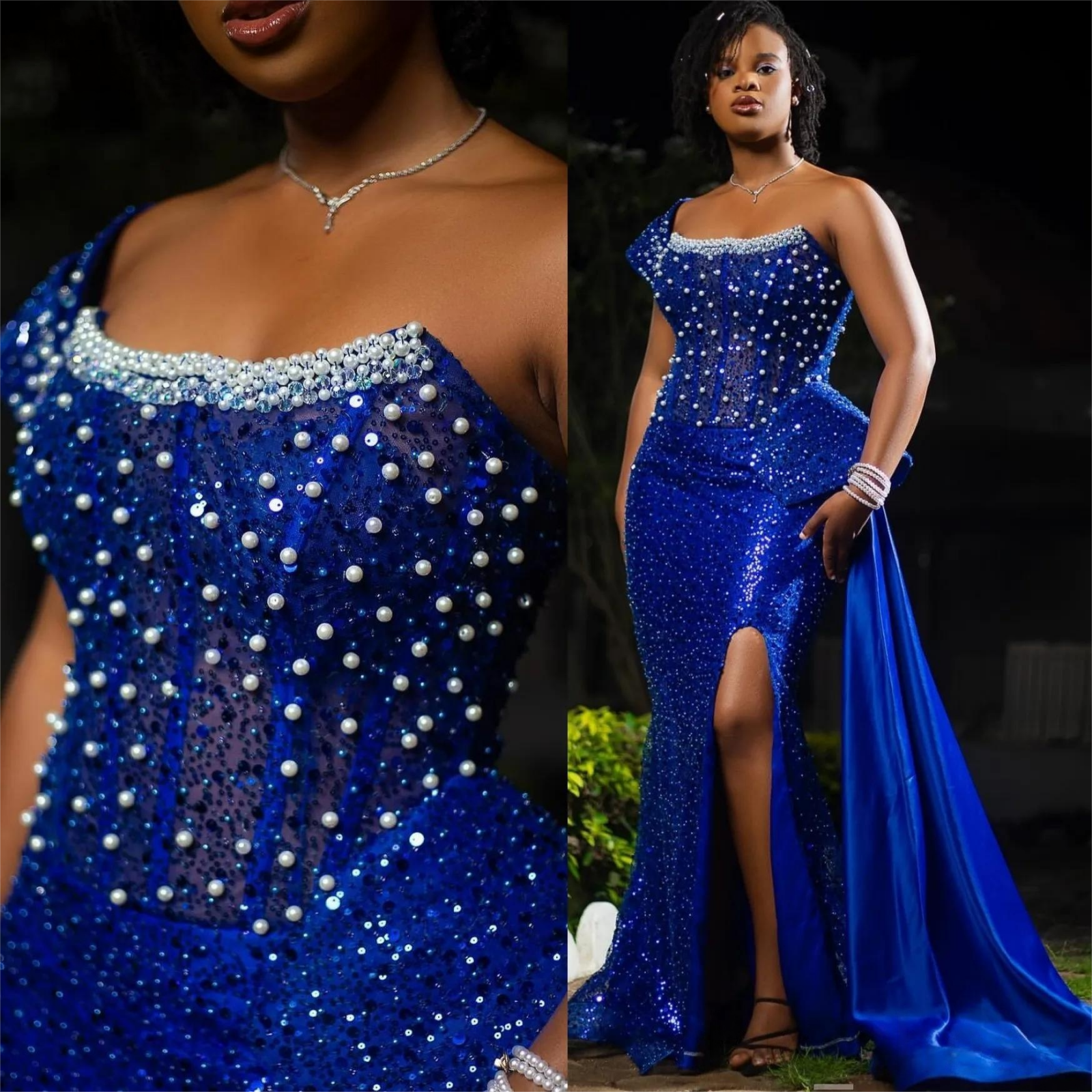 Royal Blue Mermaid Prom Dresses 2025 Pearls Beaded Sequined Evening Formal Party Second Birthday Engagement Gowns Plus Size Dress For Special Occasion