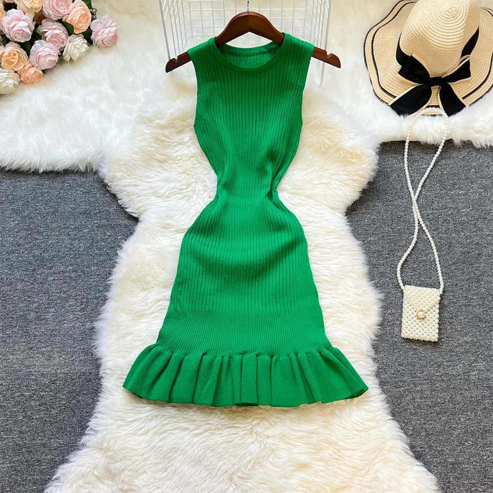 YuooMuoo Fashion Sexy Set Hips Ruffle Mini Dress Summer Ultra Thin Elastic Knitted Party Street Clothing Womens 250402m