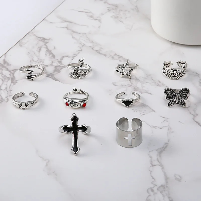 LATS Vintage Silver Plated Cross Ring for Women Gothic Punk Steampunk Crying Face Butterfly Frog Ring Sets Party Fashion Jewelry 251031
