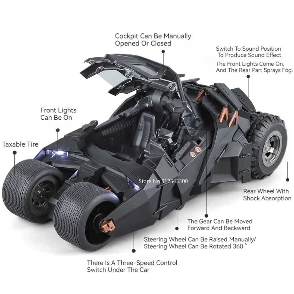 Large scale 1 18 bat car model toy Dark Knight trilogy Sound light slider spray alloy car model decoration gift X250402