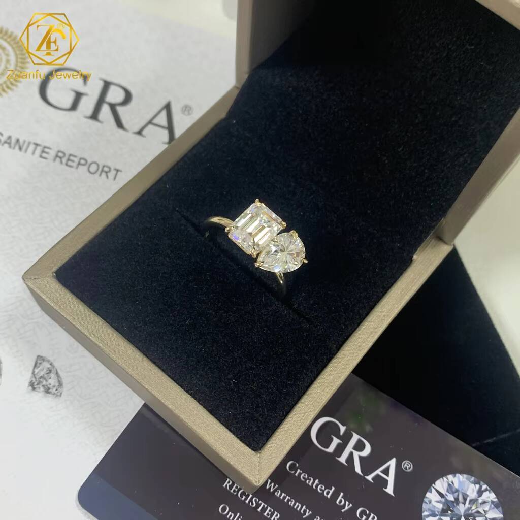 Toi Et Moi Engagement Ring 14K Yellow Gold D VVS1 Pear Emerald Double Stone Moissanite Wedding Ring Custom AU585 AU750