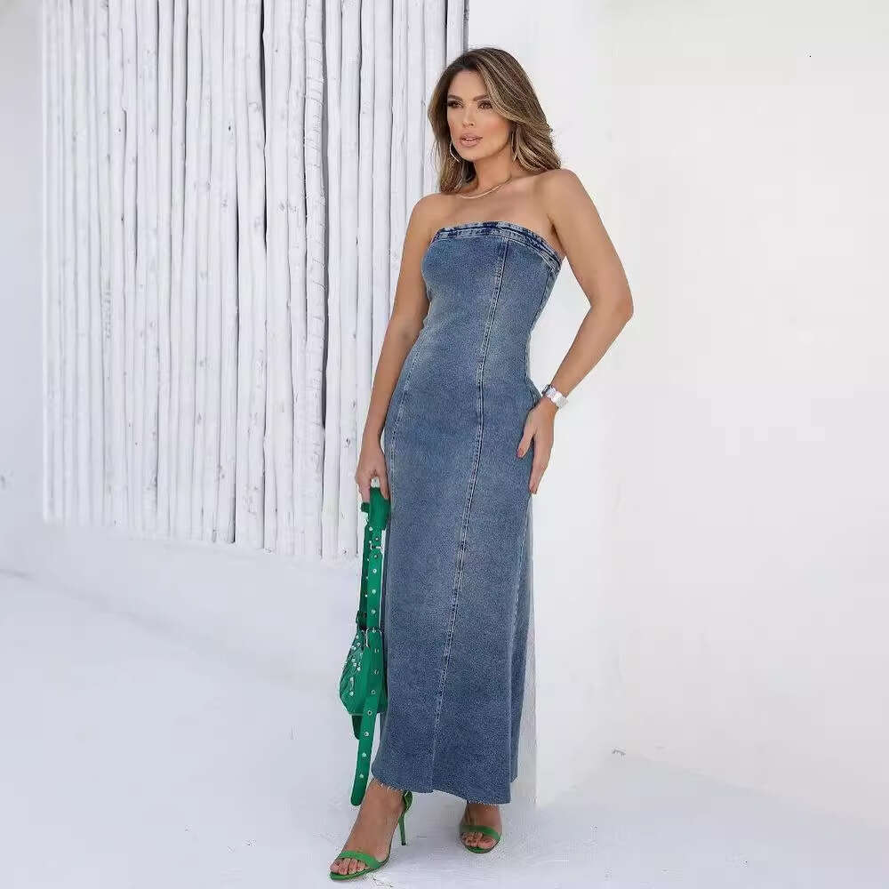 2024 Summer New European And American Amazon Cross-Border Women's Fashion Pure Desire Style Elastic Denim Strapless Dress D6da B07d 02c6
