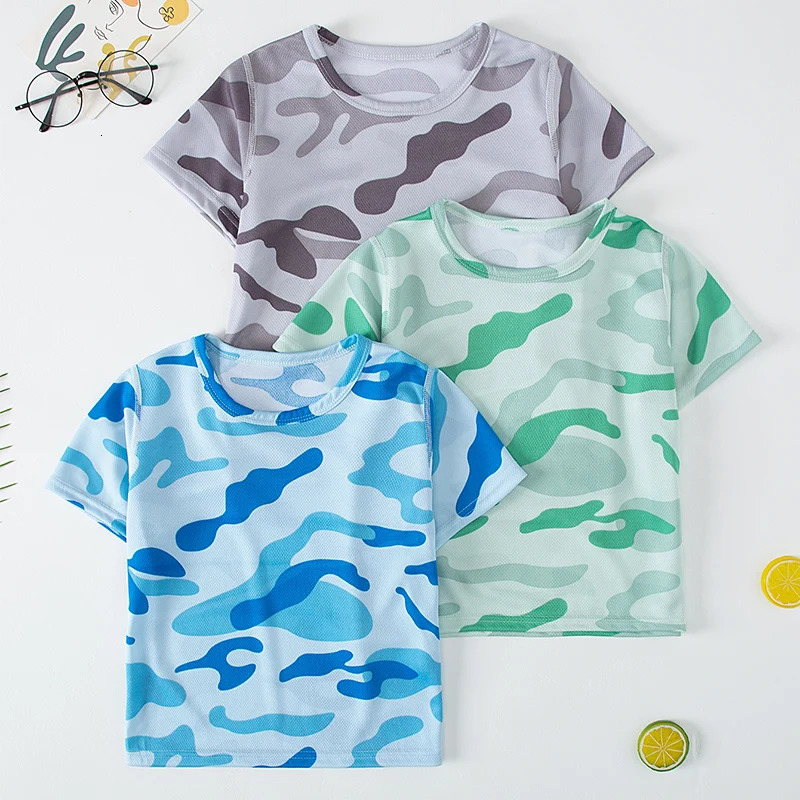 Childrens summer camouflage quick drying short sleeved casual sports Tshirt for boys and wild round neck shirt girls 250325z