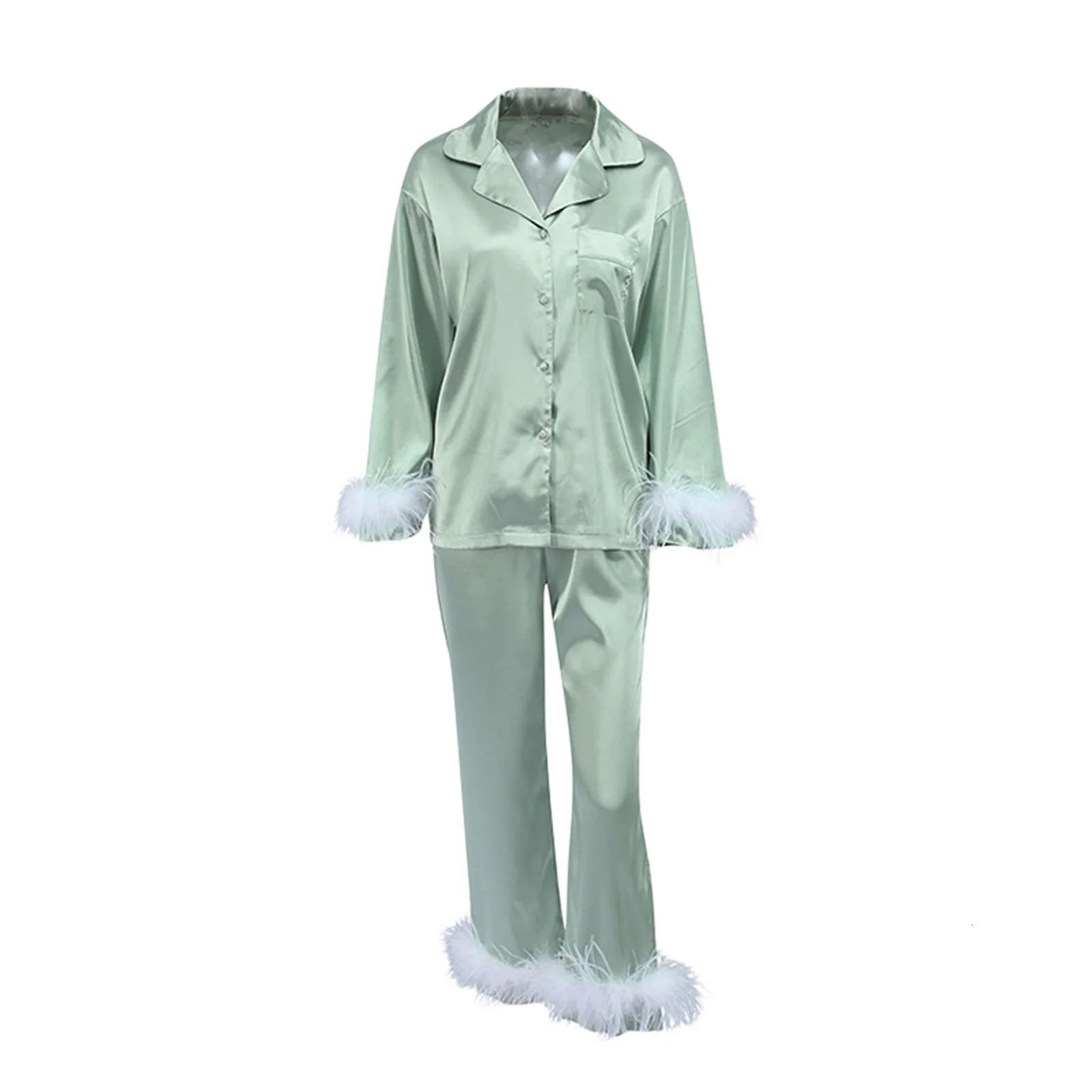 Women Spring Fall Soft Pajamas Sets Fur Feather Trim Long Sleeve Button Satin Silk Shirts Pants Loungewear Sleepwear Homewear 251028