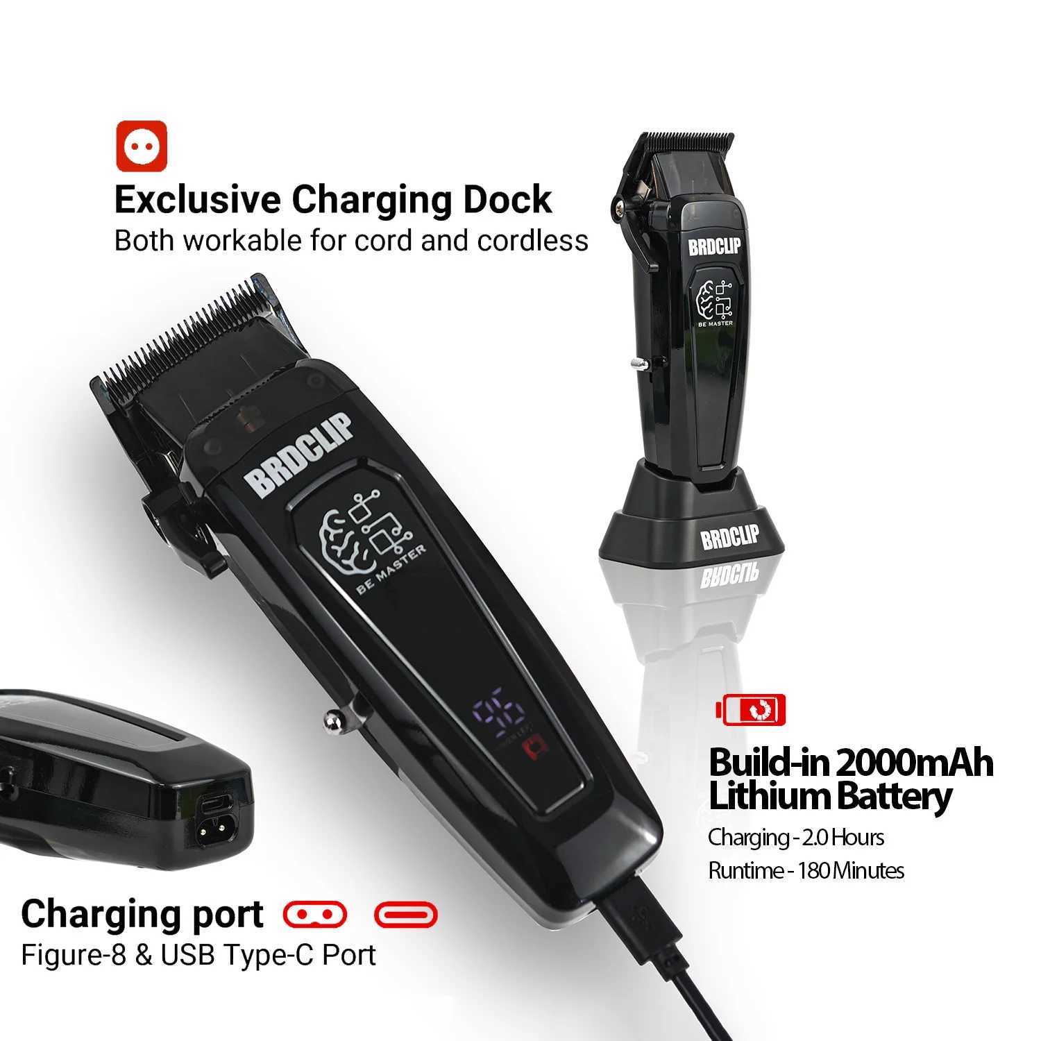 BRDCLIP professional electric hair clipper BRD 106 mens hair clipper 7500RPM with base 5 adjustable DLC blade hair clipper W250402